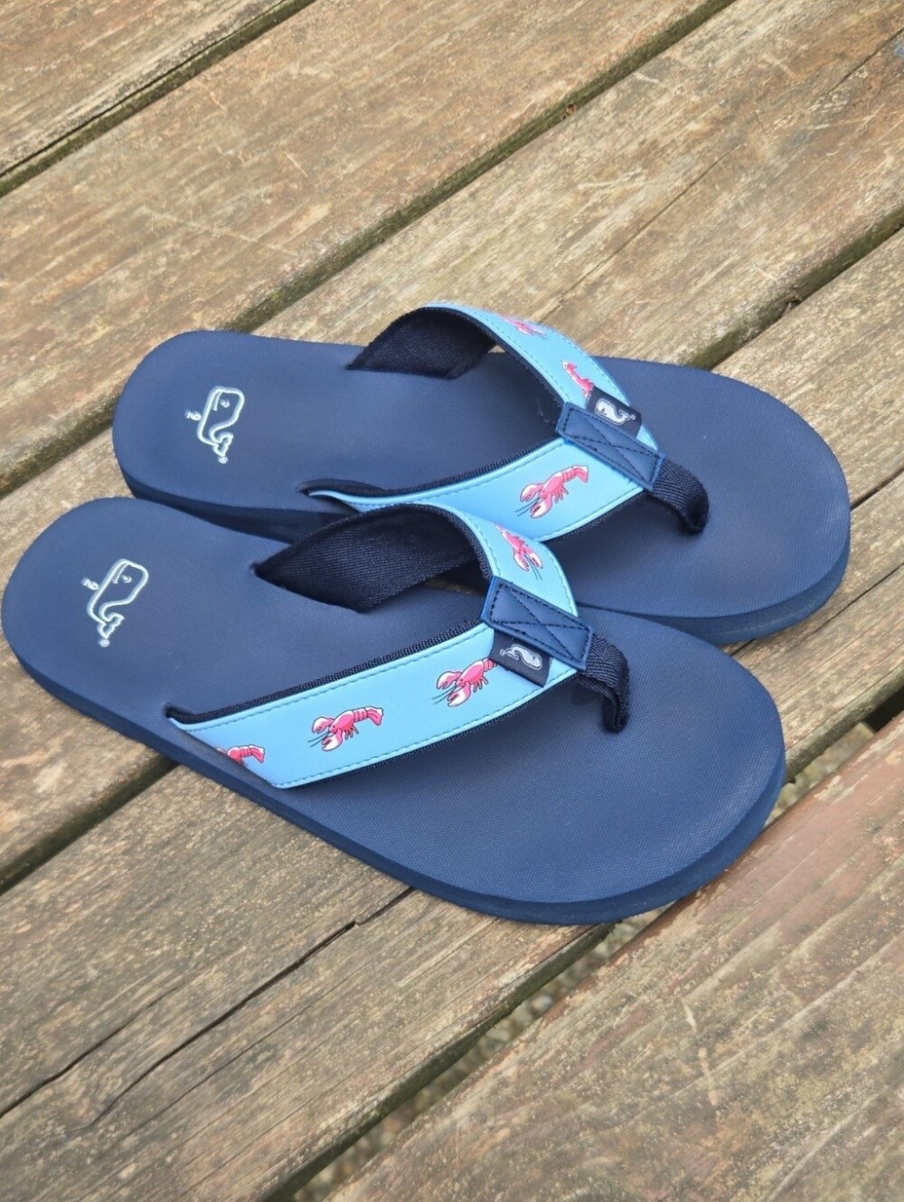 Vineyard Vines Navy Flip Flops with Light Blue Strap And Pink Lobsters